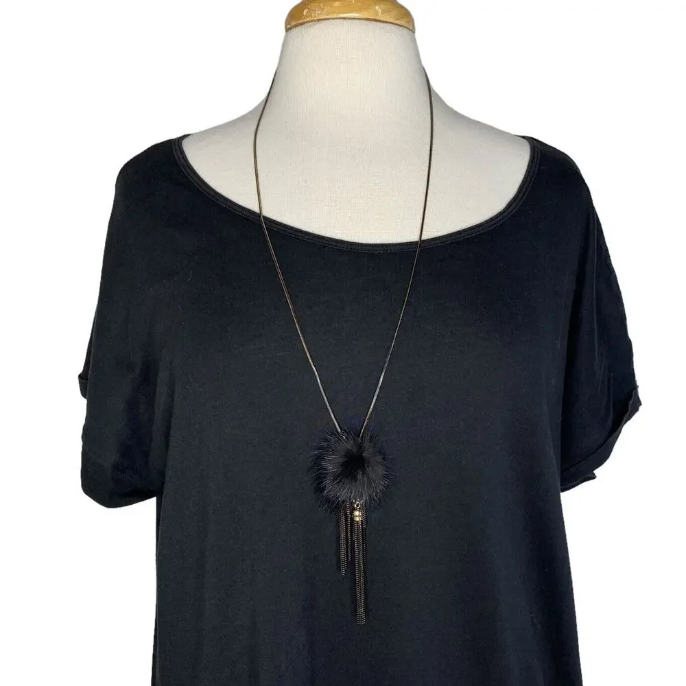 SHIRALEAH New Mink Fur Black Brass Fringe Boho Lulu Statement Necklace NWT
